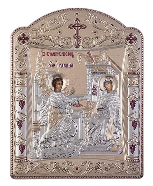 Virgin Mary Annunciation Greek Orthodox Silver Icon, Gold  22.7x30.5cm 