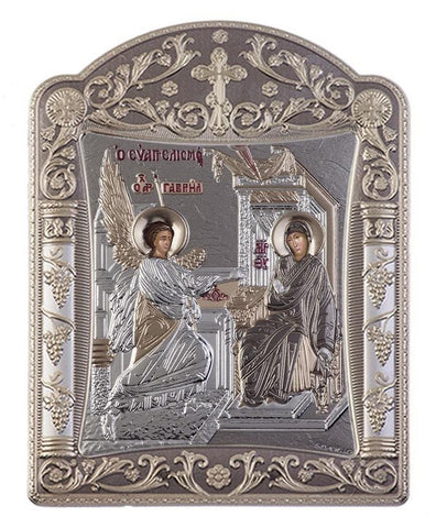 Virgin Mary Annunciation Greek Orthodox Silver Icon, Grey  22.7x30.5cm 