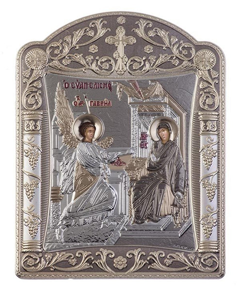 Virgin Mary Annunciation Byzantine Greek Orthodox Silver Icon, Grey 16.7x22.4 cm 