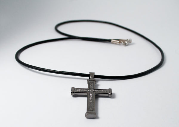 Men's black cross necklace with leather cord 