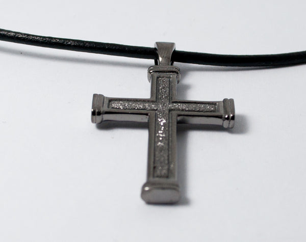 Men's black cross necklace with leather cord 