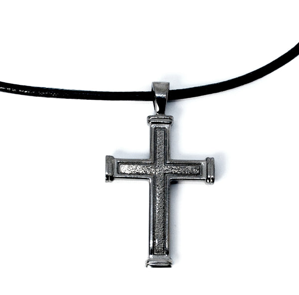 Men's black cross necklace with leather cord 
