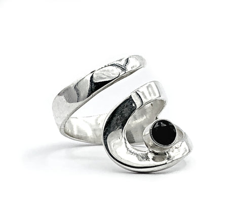 black spinel silver adjustable ring, drop shape silver ring, contemporary silver ring 