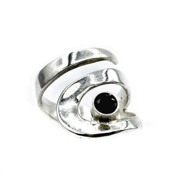 black spinel silver adjustable ring, drop shape silver ring, contemporary silver ring 