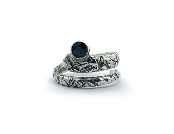 Black gemstone ring, adjustable silver ring 
