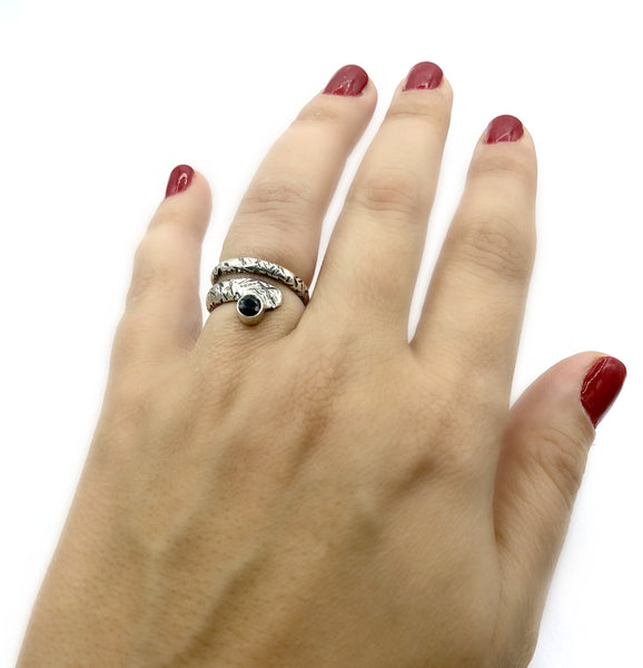 Black gemstone ring, adjustable silver ring 