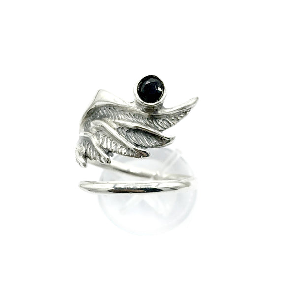 wing ring, angel ring, angel wing ring, black spinel ring adjustable ring 