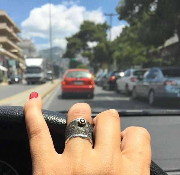 black and silver ring, wide silver ring with black gemstone 