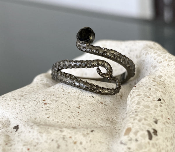 black ring,  octopus silver ring, black tentacle ring 