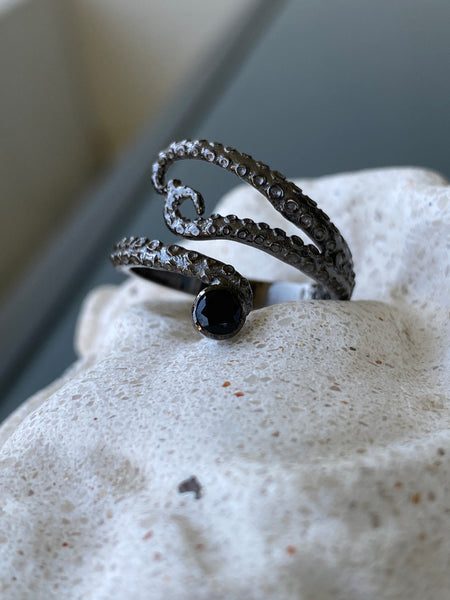 black ring,  octopus silver ring, black tentacle ring 