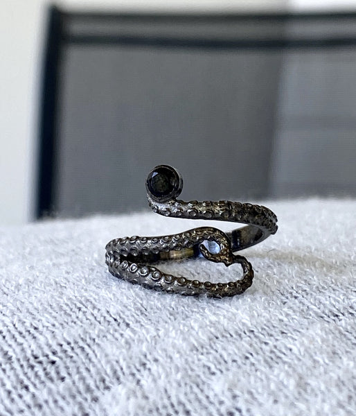 black ring,  octopus silver ring, black tentacle ring 