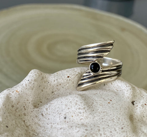 black spinel gemstone ring silver, adjustable silver ring 