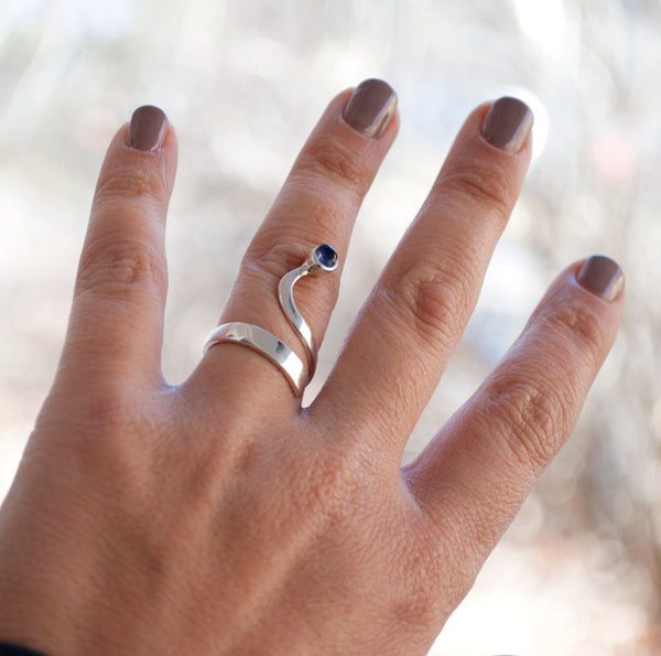 Blue iolite silver Trikemia wave ring, modern sterling silver ring 