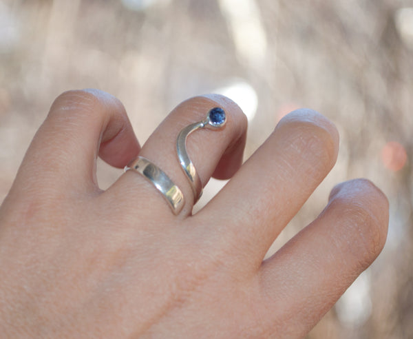 Blue iolite silver Trikemia wave ring, modern sterling silver ring 