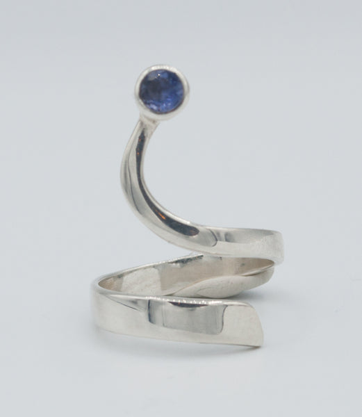 Blue iolite silver Trikemia wave ring, modern sterling silver ring 