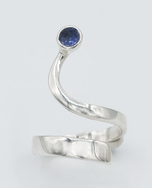Blue iolite silver Trikemia wave ring, modern sterling silver ring 