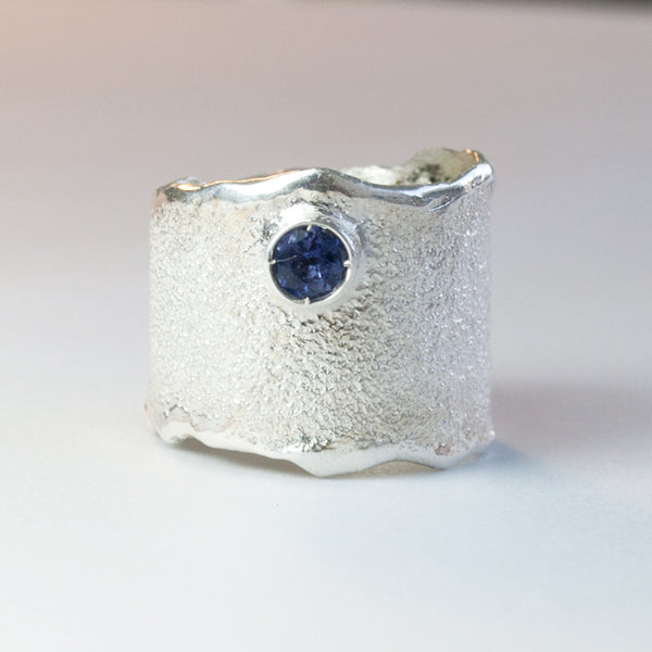 iolite silver ring, textured wide ring, handmade silver ring 