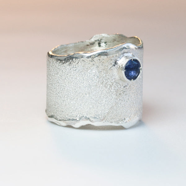iolite silver ring, textured wide ring, handmade silver ring 