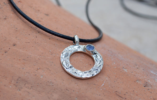 blue iolite silver pendant, karma pendant, geometric circle pendant, blue stone pendant 