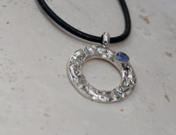 blue iolite silver pendant, karma pendant, geometric circle pendant, blue stone pendant 
