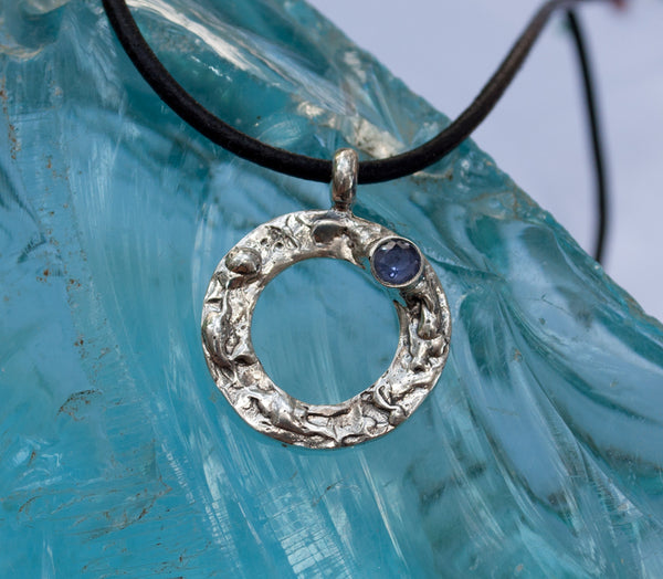 blue iolite silver pendant, karma pendant, geometric circle pendant, blue stone pendant 