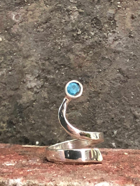 Blue topaz silver Trikemia wave ring, unique handmade sterling silver ring 