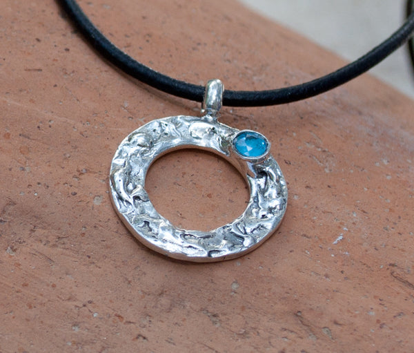 blue topaz silver pendant, geometric circle pendant, blue stone pendant 