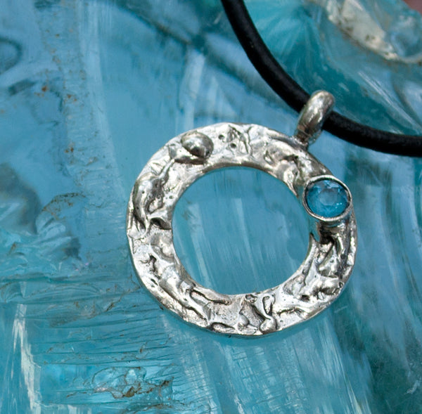 blue topaz silver pendant, geometric circle pendant, blue stone pendant 