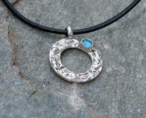 blue topaz silver pendant, geometric circle pendant, blue stone pendant 