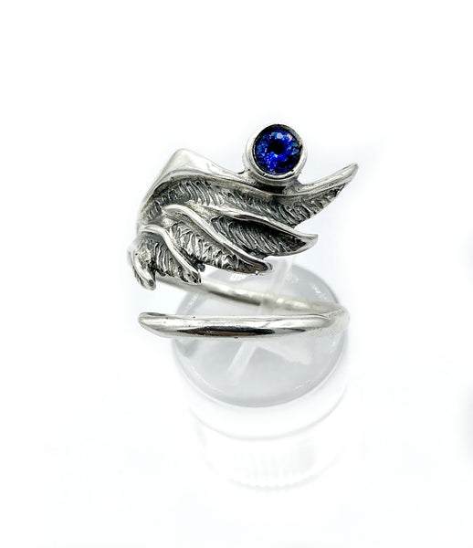 wing ring, silver ring, blue iolite ring, silver adjustable ring, archangel ring 