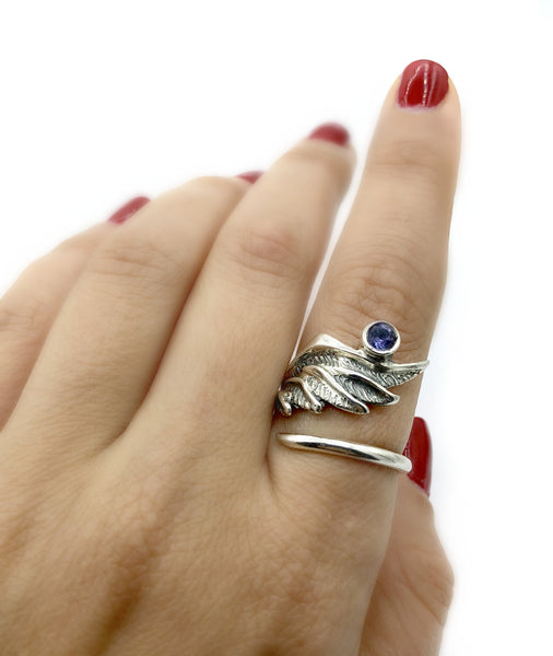 wing ring, silver ring, blue iolite ring, silver adjustable ring, archangel ring 