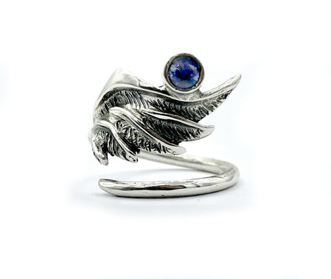wing ring, silver ring, blue iolite ring, silver adjustable ring, archangel ring 