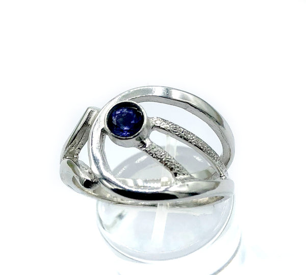 blue iolite ring, blue stone ring, modern silver ring 