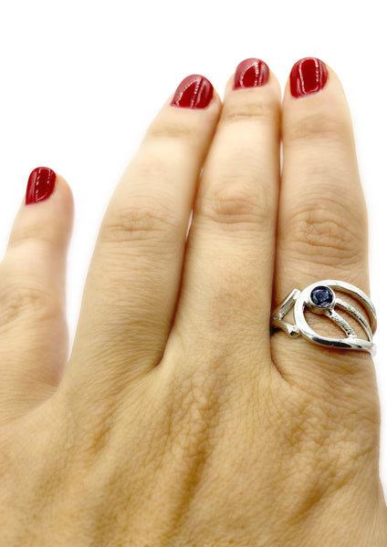 blue iolite ring, blue stone ring, modern silver ring 