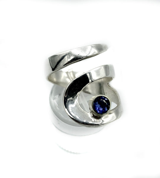 blue iolite silver adjustable ring, drop shape silver ring, contemporary silver ring 