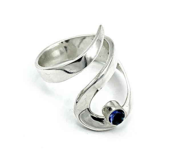 blue iolite silver adjustable ring, drop shape silver ring, contemporary silver ring 