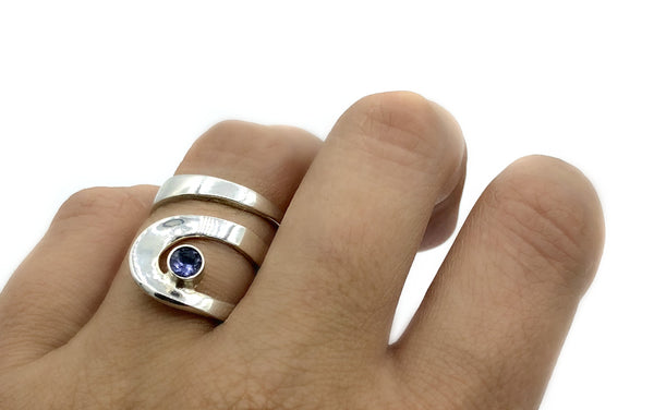 blue iolite silver adjustable ring, drop shape silver ring, contemporary silver ring 