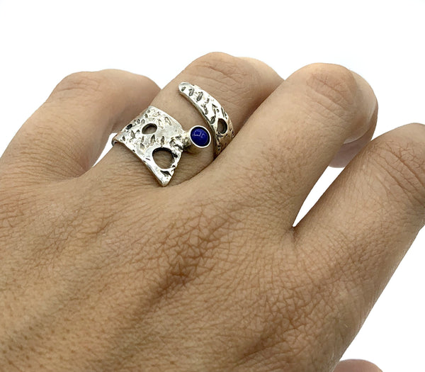 Abstract silver ring, blue lapis lazuli ring, silver adjustable ring, modern ring 