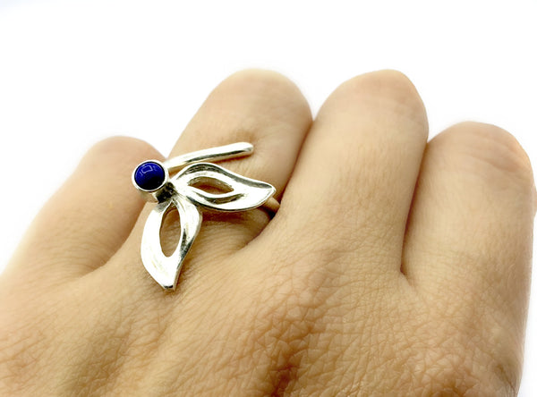 flower ring, blue lapis silver ring, contemporary silver ring adjustable 