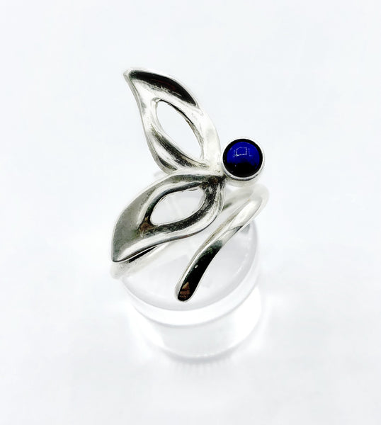 flower ring, blue lapis silver ring, contemporary silver ring adjustable 