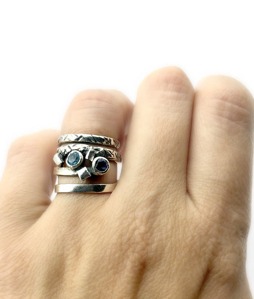 spiral silver ring with stones, silver adjustable ring, blue stones ring 
