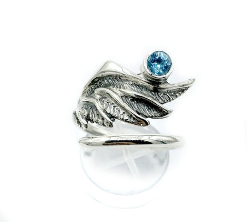 wing ring, silver ring, blue topaz ring, silver adjustable ring, archangel ring 