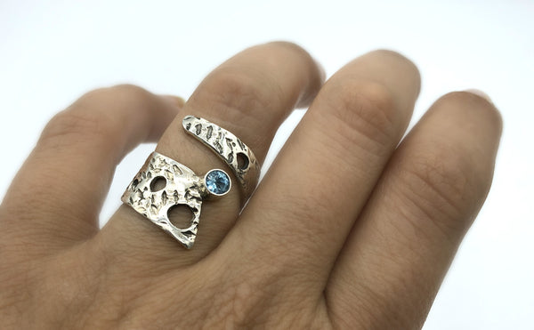 Abstract silver ring, blue topaz ring, silver adjustable ring, modern ring 