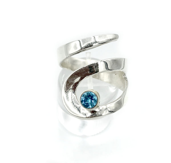blue topaz silver adjustable ring, drop shape silver ring, contemporary silver ring 