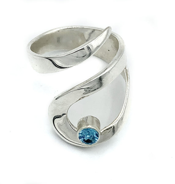 blue topaz silver adjustable ring, drop shape silver ring, contemporary silver ring 