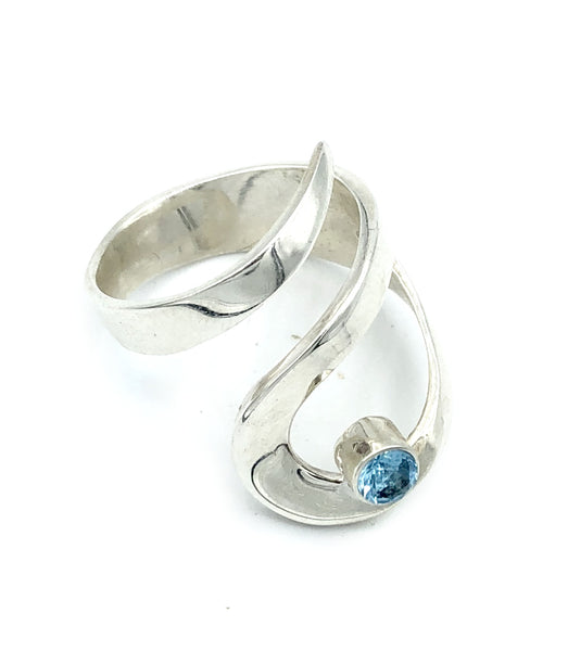 blue topaz silver adjustable ring, drop shape silver ring, contemporary silver ring 