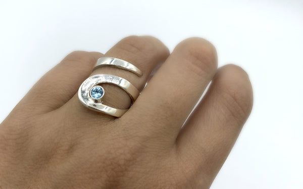 blue topaz silver adjustable ring, drop shape silver ring, contemporary silver ring 