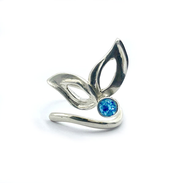 flower ring, blue topaz silver ring, contemporary silver ring adjustable 