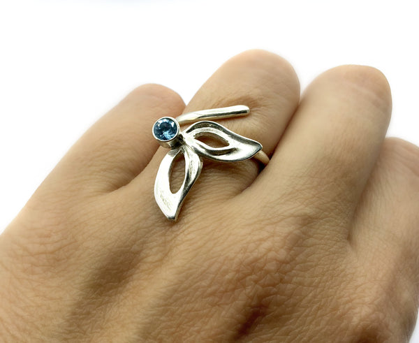 flower ring, blue topaz silver ring, contemporary silver ring adjustable 