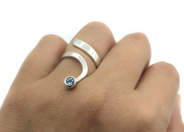 Blue topaz silver Trikemia wave ring, unique handmade sterling silver ring 